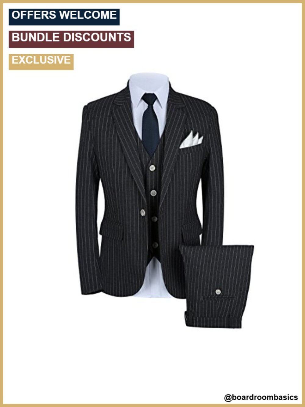 Mens 3 Piece Slim Fit Pinstripe Suit Blazer Vest Pants Set